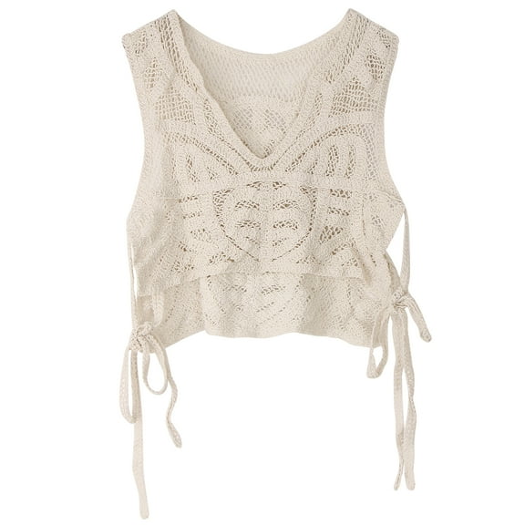Women Hollow Crochet Knit Sweater Vest Waistcoat Sexy V-Neck Split Tie Up Bandage Beach Sleeveless Crop for Tank Top for