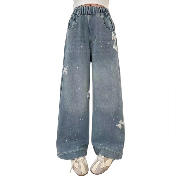 Generic Tween Girls Baggy Jeans Casual Elastic Waistband Wide Leg Jeans 3D Butterfly Rhinestones Sparkly Streetwear Denim Pants Y2K