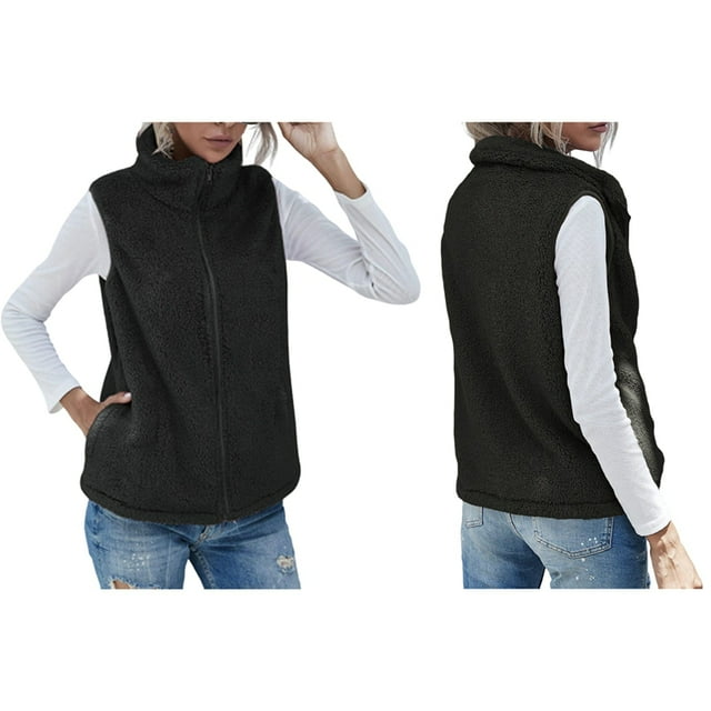 Gilet Sans Manches à Col Roulé pour Femmes, Chaud, en Peluche, avec Fermeture Éclair, Automne Hiver, avec Poches, Noir G