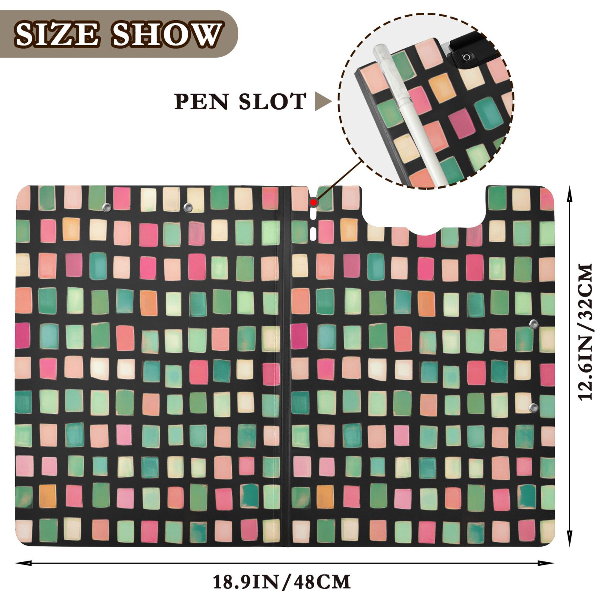 FORMRS A4 Clipboard Folder with Pen Holder Horizontal Foldable School Office Binder, Green Block Pattern