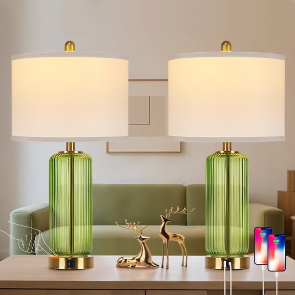27" Modern Glass Table Lamps with USB A C Ports, Green Bedside Lamps Desk Lamps for Bedroom