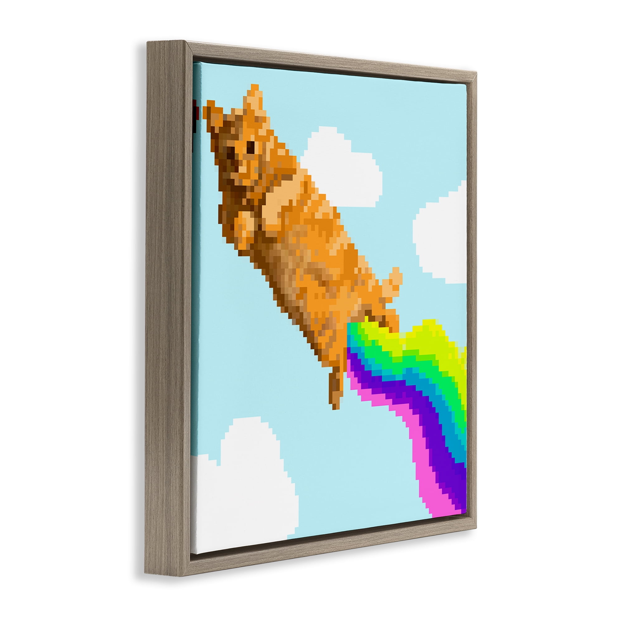 Stupell Industries Flying Rainbow Pixel Cat Animals Painting Brown Floater Framed Canvas Art Print Wall Art, 18 x 18