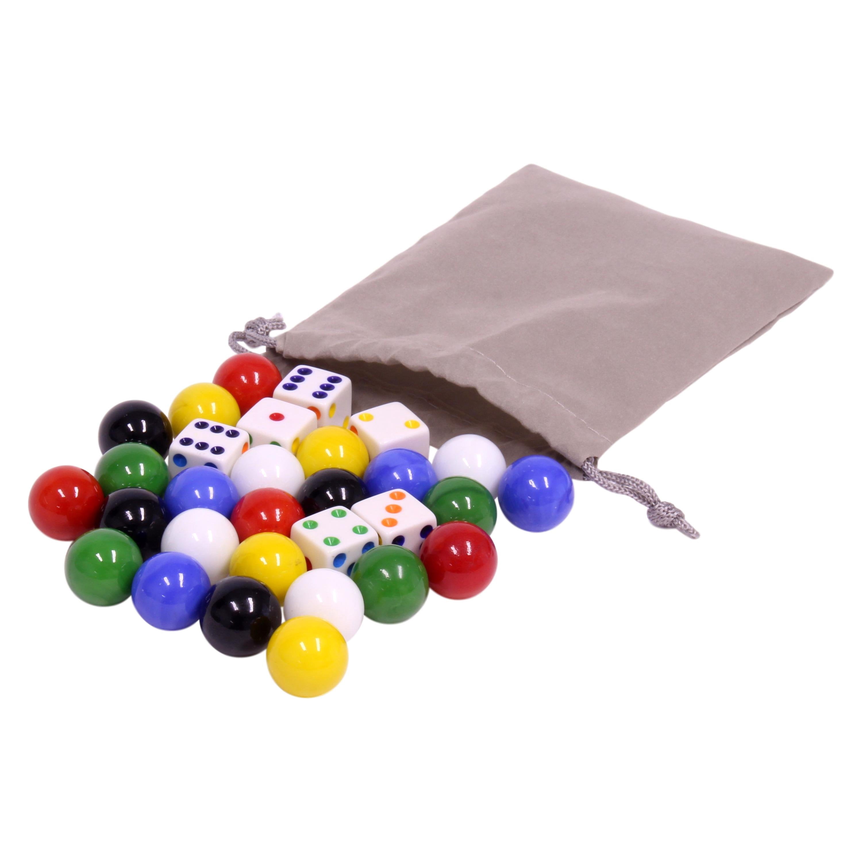 AmishToyBox.com Game Bag of 24 Large Glass Marbles 18mm Diameter and 6 Dice for Aggravation Game