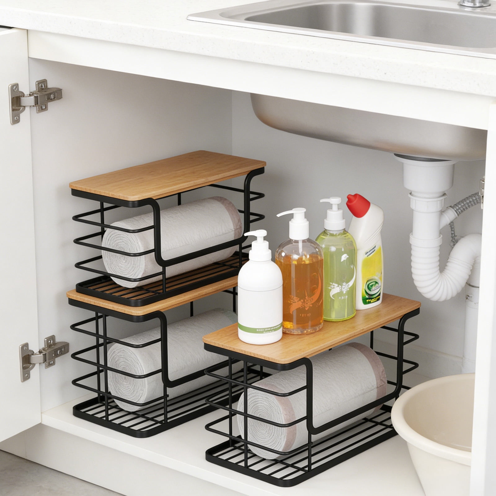 Danfoxer Set of 3 Metal Trash Bag Holder with Bamboo Lid,Extra Large Stackable Garbage Bag Holder Dispenser Under Sink for Kitchen, Pantry, Laundry RoomDanfoxer Set of 3 Metal Trash Bag Holder with B