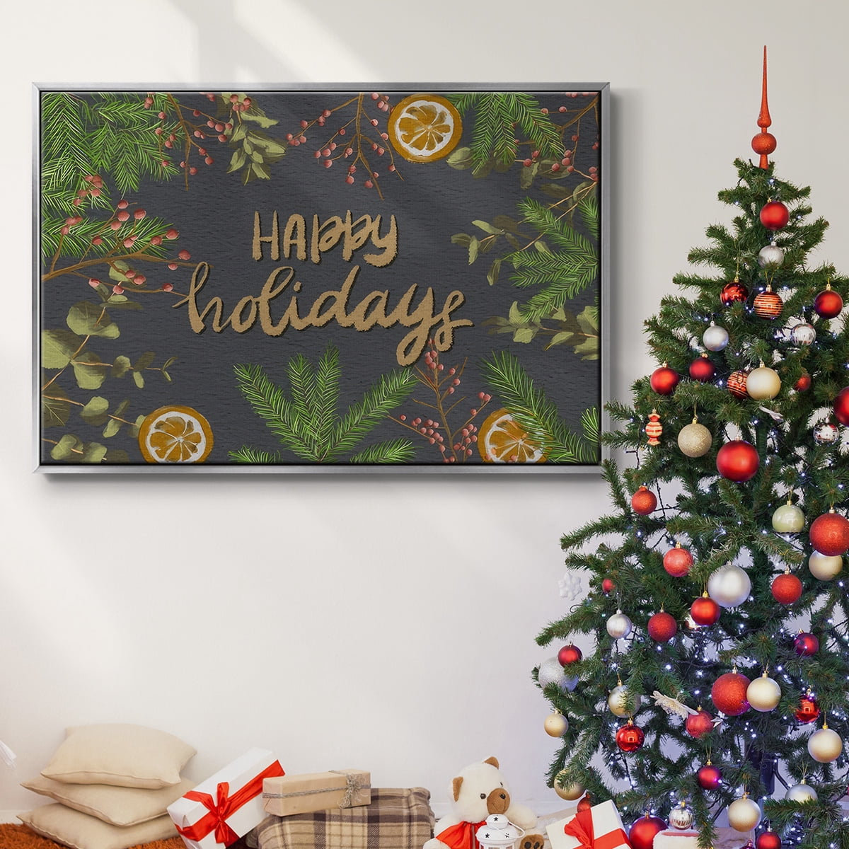 Holiday Sentiment II - Framed Gallery Wrapped Holiday Canvas - 27 x 41 - Silver Frame