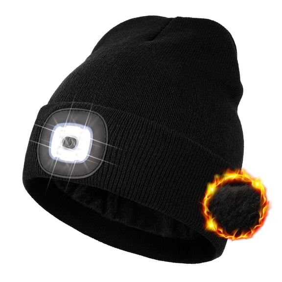 CENSGO Fleece Lined LED Beanie Headlamp Hat with Light, Rechargeable LED Winter Hat, Gifts for Men Women Husband (Black)