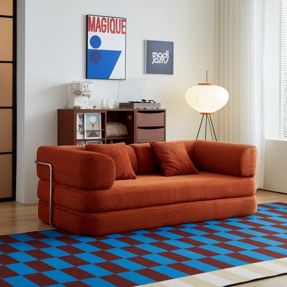 Lisonu 5-in-1 Modular Floor Couch, Red Corduroy Convertible Sofa Bed with Pillow-Blanket, Armless Sleeper for Living Room, Apartment, No Assembly Required