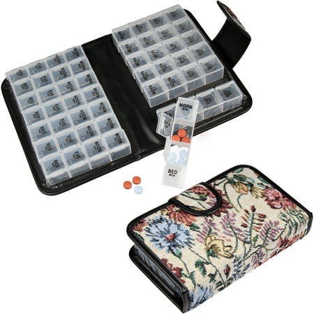 Floral Pill Case Box, Pill Organizer 14 day Pill Holder Travel Pill Container and Medication Organizer, Travel Case - 4 Marked Compartments for each Day of the Week - Morn, Noon, Eve, Bed
