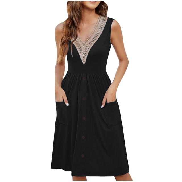 Birdeem Robes pour Femmes Robe d'Été Sans Manches Décontractée Imprimée Ample Bouton Longueur Moyenne avec Poches