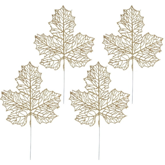 HAMPPLIES Lifelike Faux Leaf Stems Simulated Maple Leaves Ornament Golden Plastic 4PCS