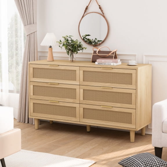 Rattan Dresser, 6 Drawer Double Dresser, Rattan Chest Of Dressers, Rattan Storage Cabinet Rattan Drawer With Metal Handles For Entryway Living Room Bedroom