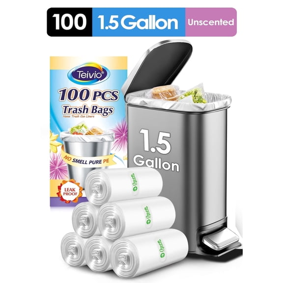 1.5 Gallon 100 Counts Strong Trash Bags Garbage Bags by Teivio, Bathroom Trash Can Bin Liners, Small Plastic Bags for home office kitchen, Clear