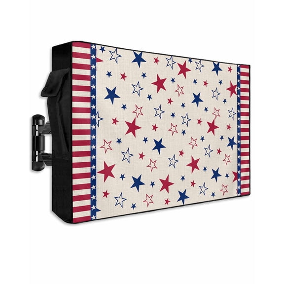 4th of July Outdoor TV Cover 52 to 55 Inch Weatherproof, Blue Red Striped Stars Independence Day 600D Oxford TV Covers with Waterproof Zipper, Outside Flat TV Screen Protector Size 52"Wx19"Hx4.5"D