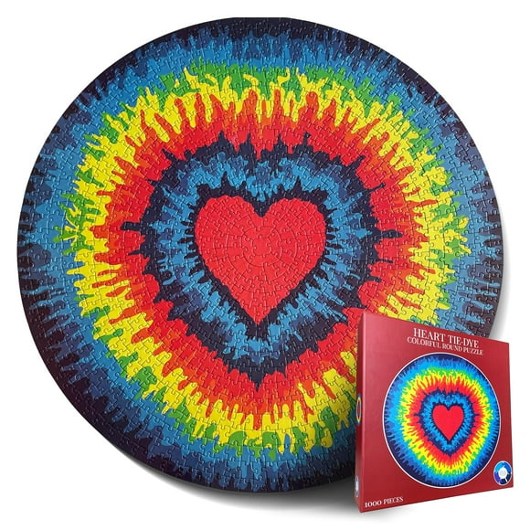 Jigsaw Puzzles for Adults 1000 Pieces Hard Puzzles for Adults and Kids - Unique Toy Round Colorful Rainbow Adult Puzzles - Difficult Near Impossible Puzzle Retro Tie Dye Heart by Spyglass Puzzles