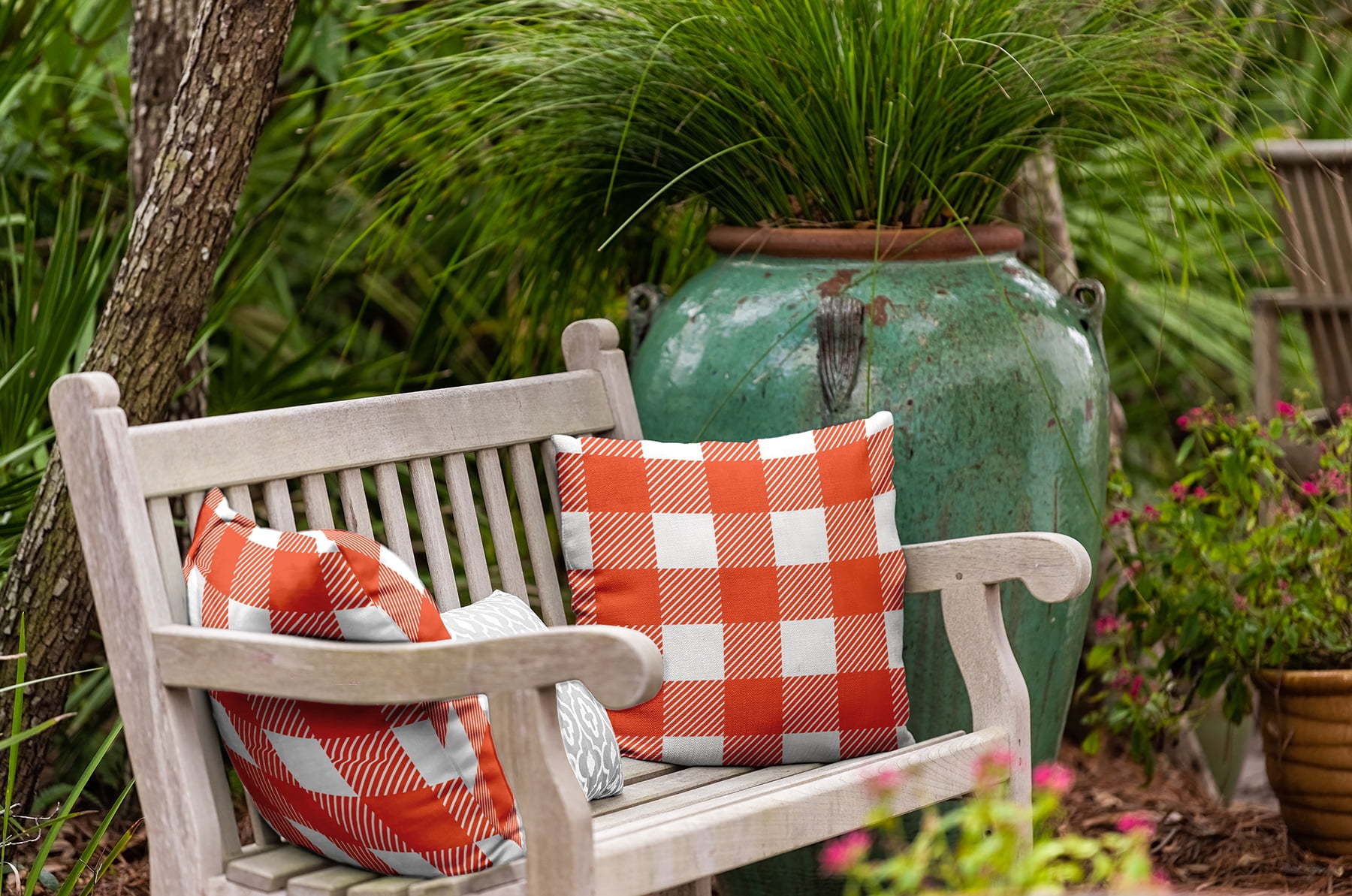 16" x 16" Simply Daisy Buffalo Plaid Polyester Indoor/Outdoor Pillow, Harvest Orange Qty 1
