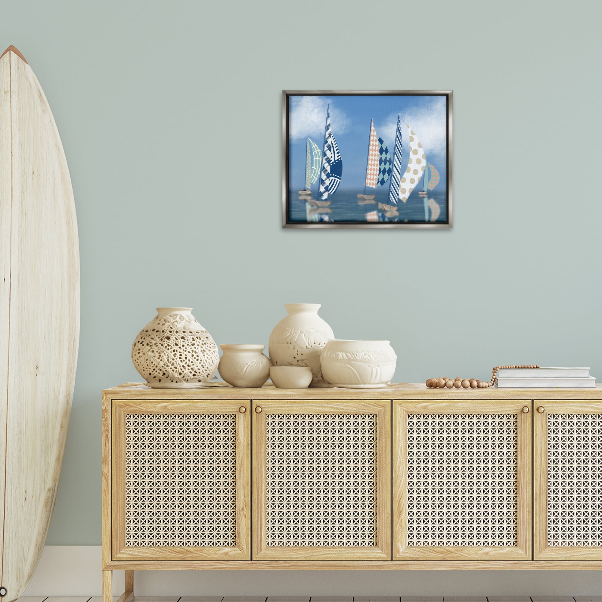 Stupell Industries Patchwork Coastal Sailboats Transportation Painting Gray Floater Framed Canvas Art Print Wall Art, 21 x 17