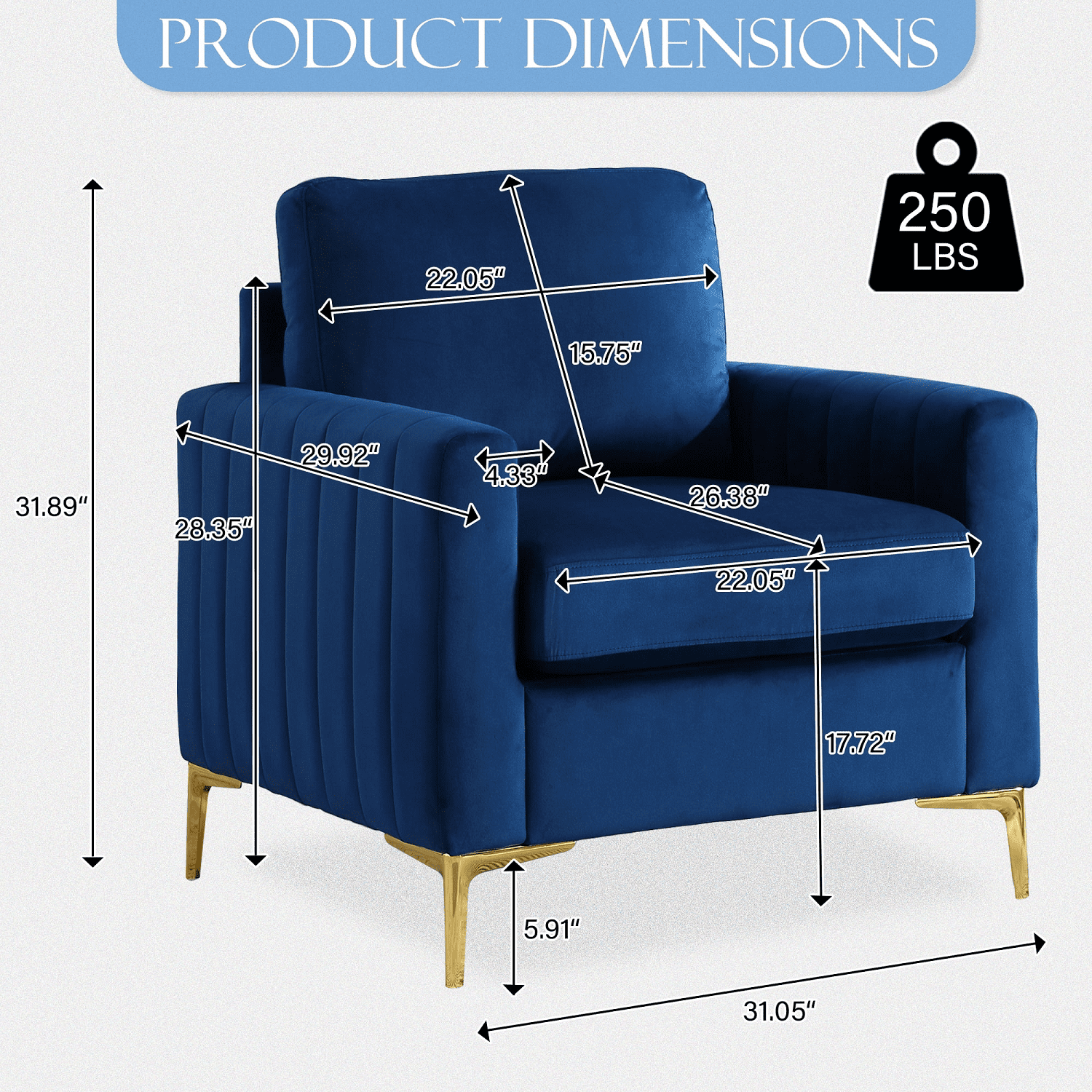 Muumblus 3 Pieces Velvet Living Room Furniture Sets, Modern Two Single Sofa Chairs and One 3-Seater Sofa Couch, Navy Blue