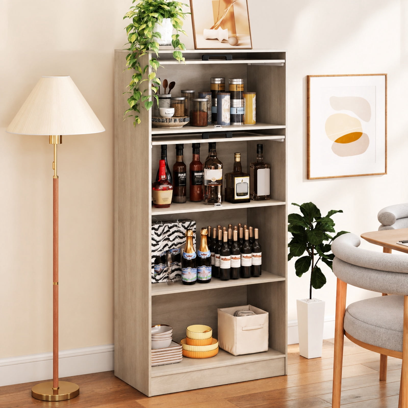 Furnibear 4-Tier Wood Bookcase with Flip-Up Cabinet Doors and Open Compartments Tall Storage for Home Office and Study, Natural