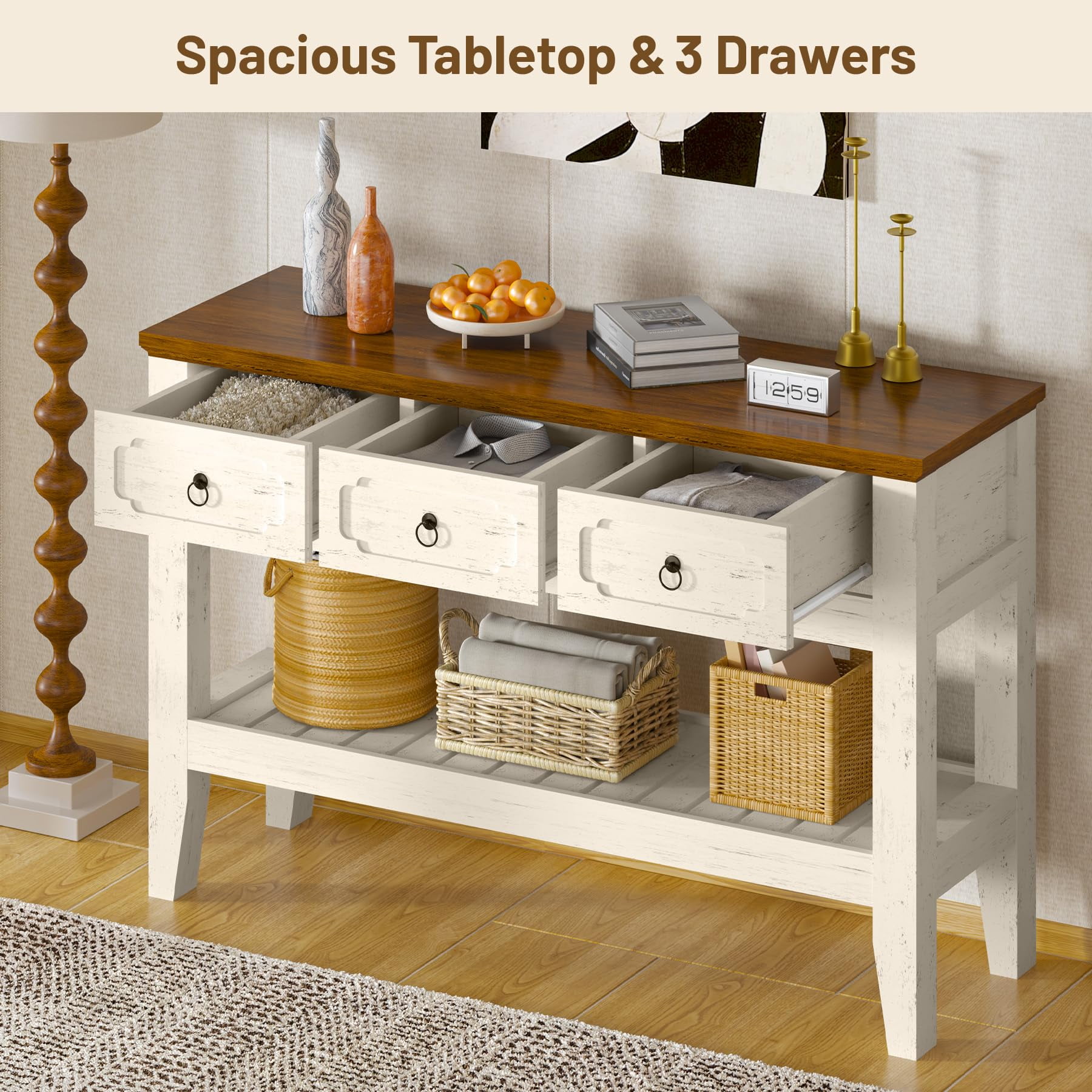 Danolapsi 47" Console Table with Drawers, Farmhouse Rustic Entryway Table with Bottom Shelf and Solid Wood Legs for Entryway, Living Room, Entrance, Foyer, Easy Assembly