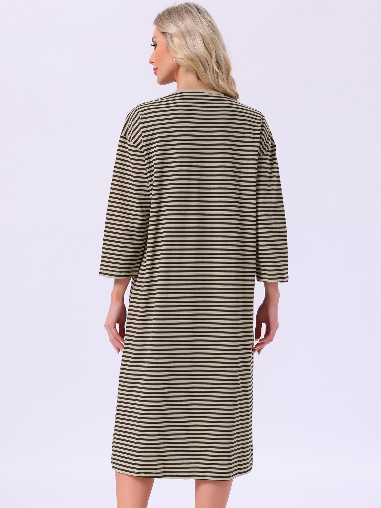 DARING DIVA Women's Cotton Stripe Long Sleeve Nightgown with Built in Bra L Brown