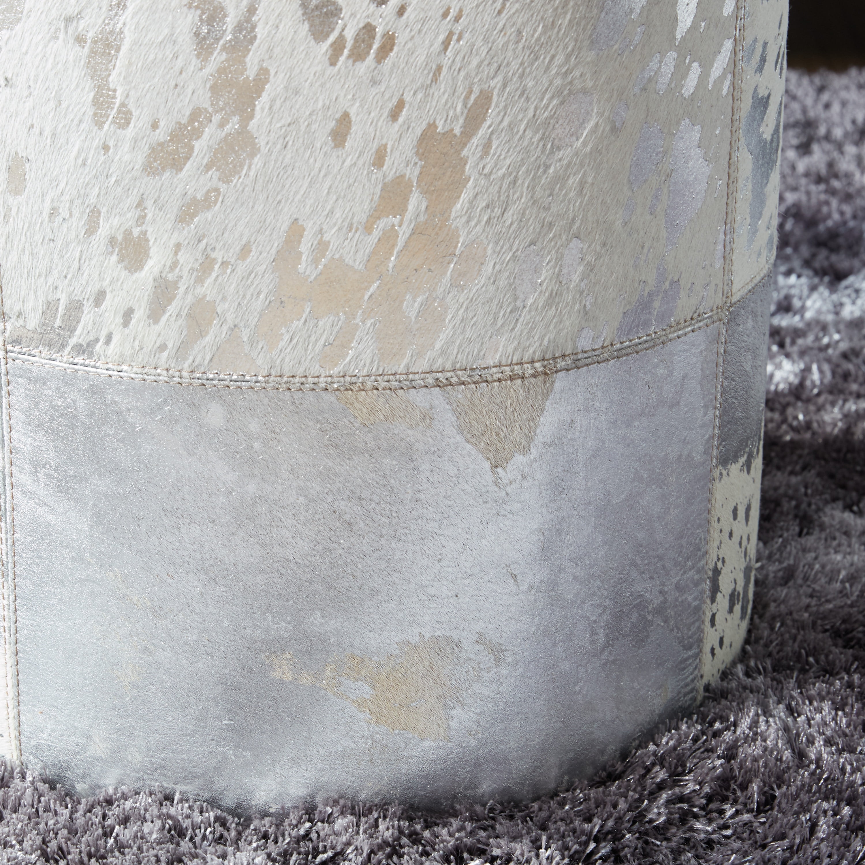 Decmode 16" x 17" Silver Leather Handmade Ottoman with Silver Foil Paint, 1-Piece