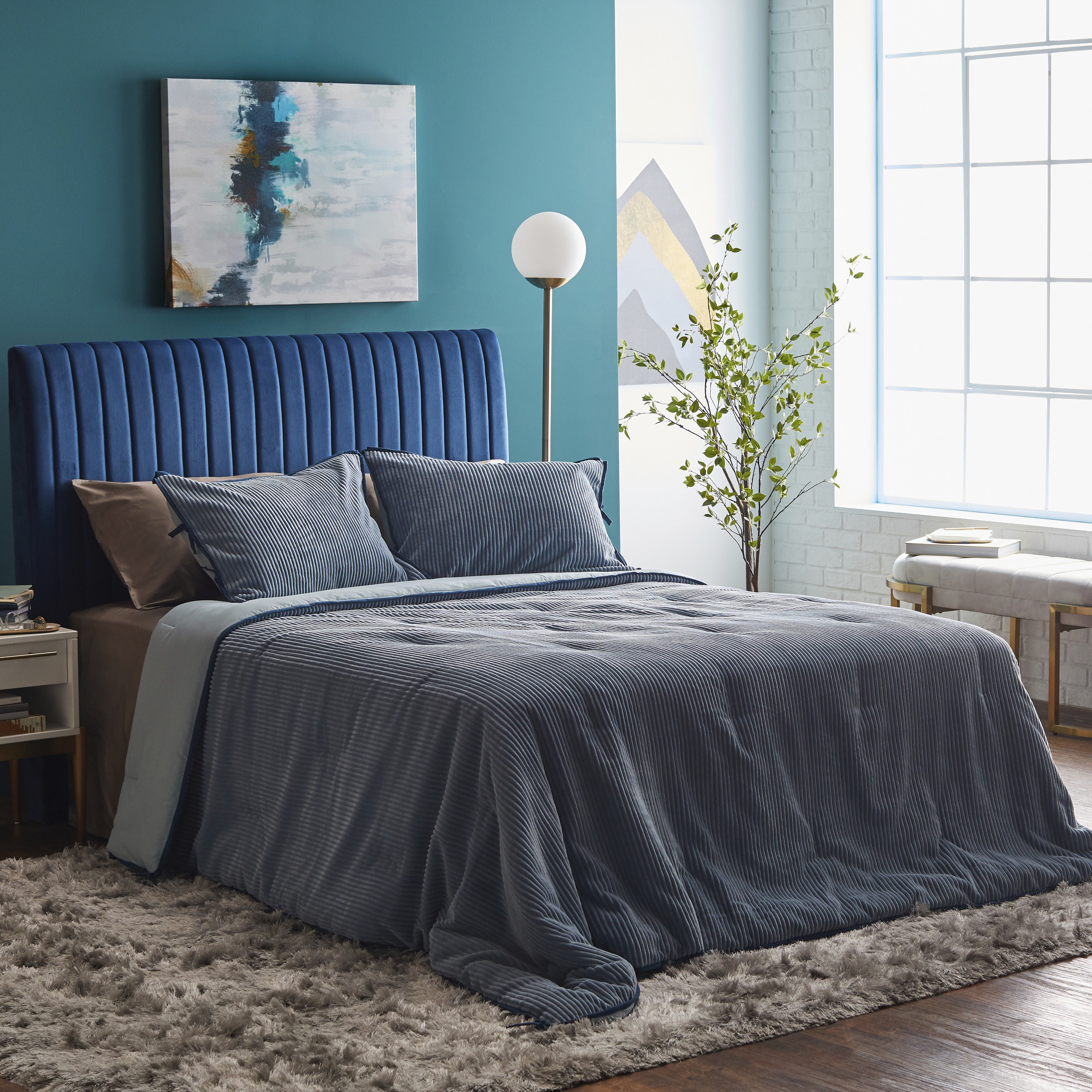 MoDRN Neo Luxury Corduroy Smoky Blue 3Piece Comforter Set, King