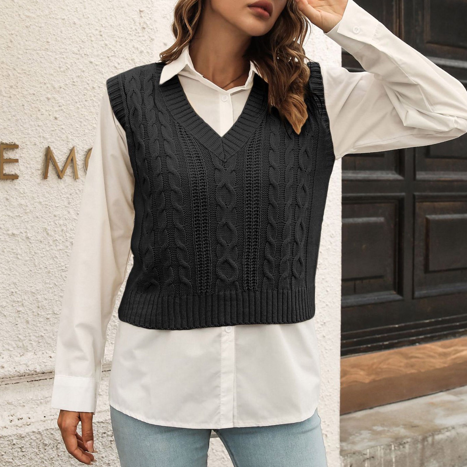 Ediodpoh Women's Preppy Style Knitwear Tank Top Sleeveless V-Neck Vintage  Sweater Vest Pullover Sweater for Women Khaki XXL