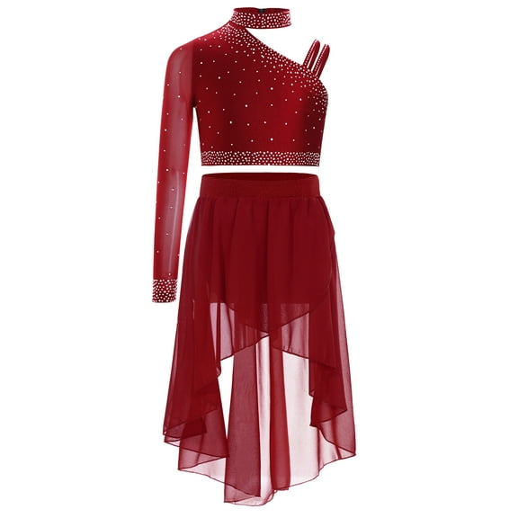 Lejafay Kids Girls Modern Lyrical Dance Dress Sparkly Rhinestone Crop Top with High Low Sheer Mesh Skirt Burgundy 6