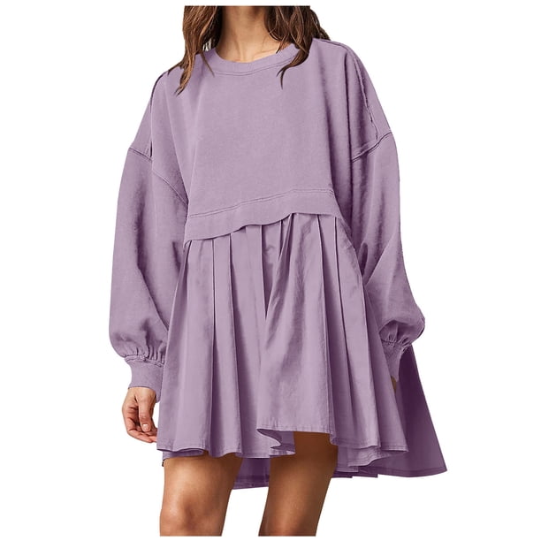 Njdvhb Winter Dresses For Women,Wedding Guest Dresses For Women,Womens Fall Dresses Solid Fashion Pocket Casual Long Sleeve Holiday Dress,Purple,Xxl