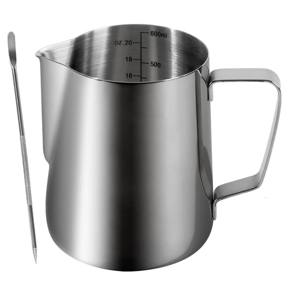 20oz Stainless Steel Milk Frothing Pitcher,Milk Steaming Frother Cup,Large Milk Jug with Coffee Spoons,Creamer Pitcher with Clear Scale,Latte Art Pen,Bar Accessories Tools 1Pack