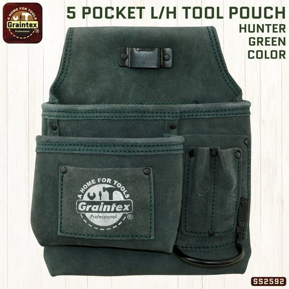 Graintex SS2592 :: 5 POCKET LEFT HANDED NAIL & TOOL POUCH HUNTER GREEN COLOR SUEDE LEATHER