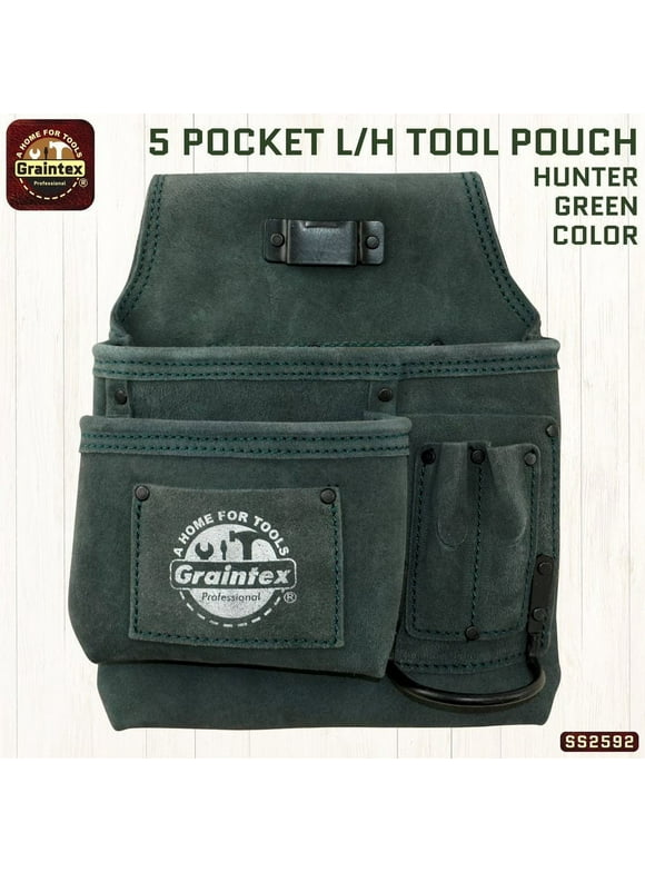 Graintex SS2592 :: 5 POCKET LEFT HANDED NAIL & TOOL POUCH HUNTER GREEN COLOR SUEDE LEATHER