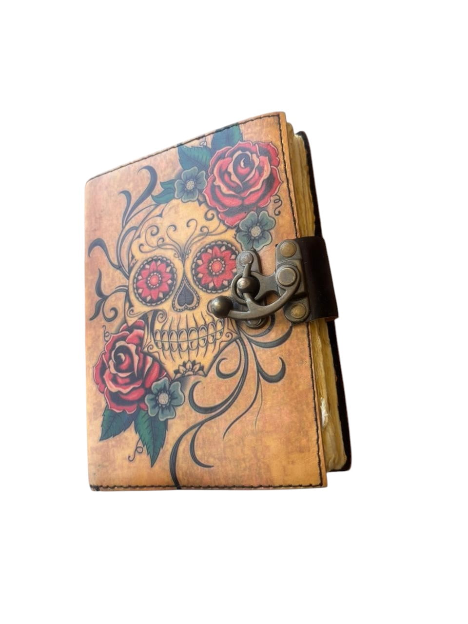 Handmade Leather Skull Journal with Lock – Vintage Deckle Edge Paper Notebook (5x7 Inch, 200 Pages) – Gothic Floral Diary, Travel Sketchbook