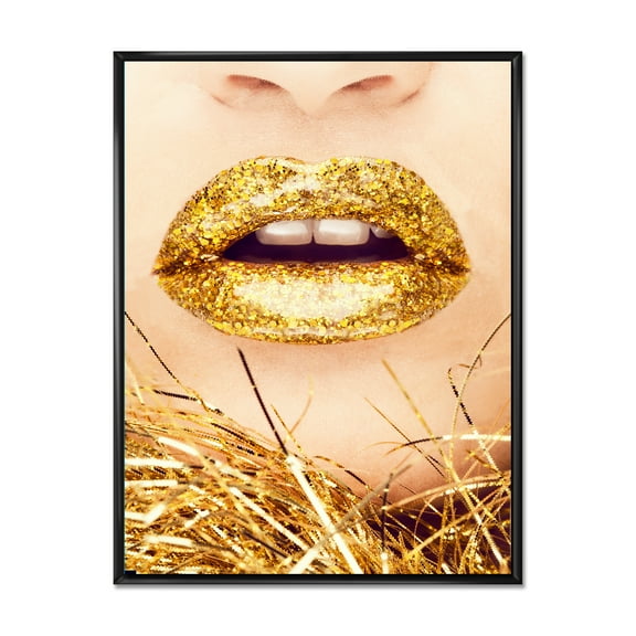Designart 'Close-Up Of Golden Female Lips I' Modern Framed Canvas Wall Art Print
