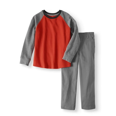- Long Sleeve Thermal Solid Raglan T-Shirt & Woven Pants, 2pc Outfit Set (Little Boys & Big Boys)
