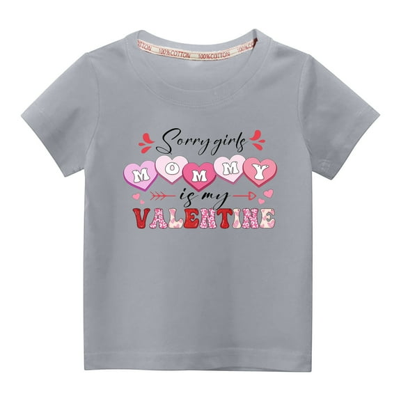 Penkiiy Toddler Kids Boys Girls Fashion Cute Solid Color Round Neck Valentine's Day Heart Print Short Sleeve Top 7-8 Years Gray
