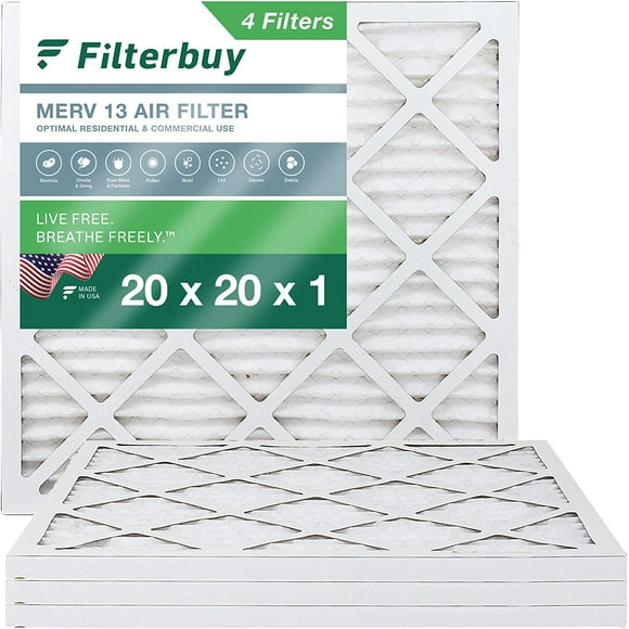 Filterbuy 20x20x1 MERV 13 Pleated HVAC AC Furnace Air Filters (4-Pack)