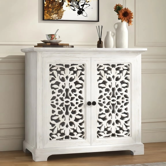 MDQMD 43"White Buffet Cabinet with Storage,Carved Sideboard Cabinet with Vintage Patterns Handle,Wooden Buffet Cabinet with 3 Doors,Modern Sideboard Cabinets for Kitchen and Living Room