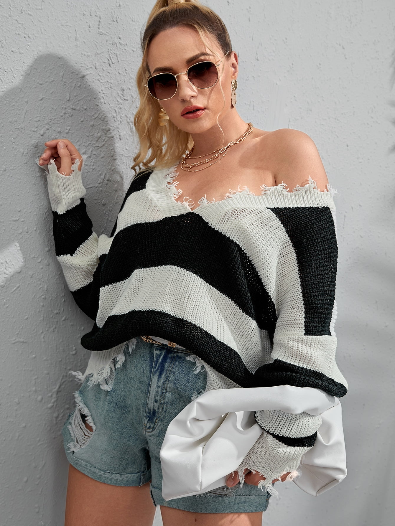 distressed color block sweater