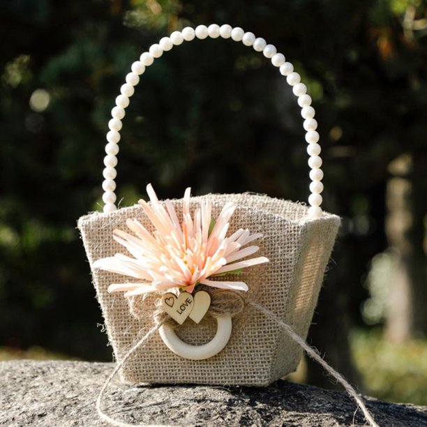 Rustic Wedding Flower Girl Basket Burlap Jute Basket With Pearl Handles