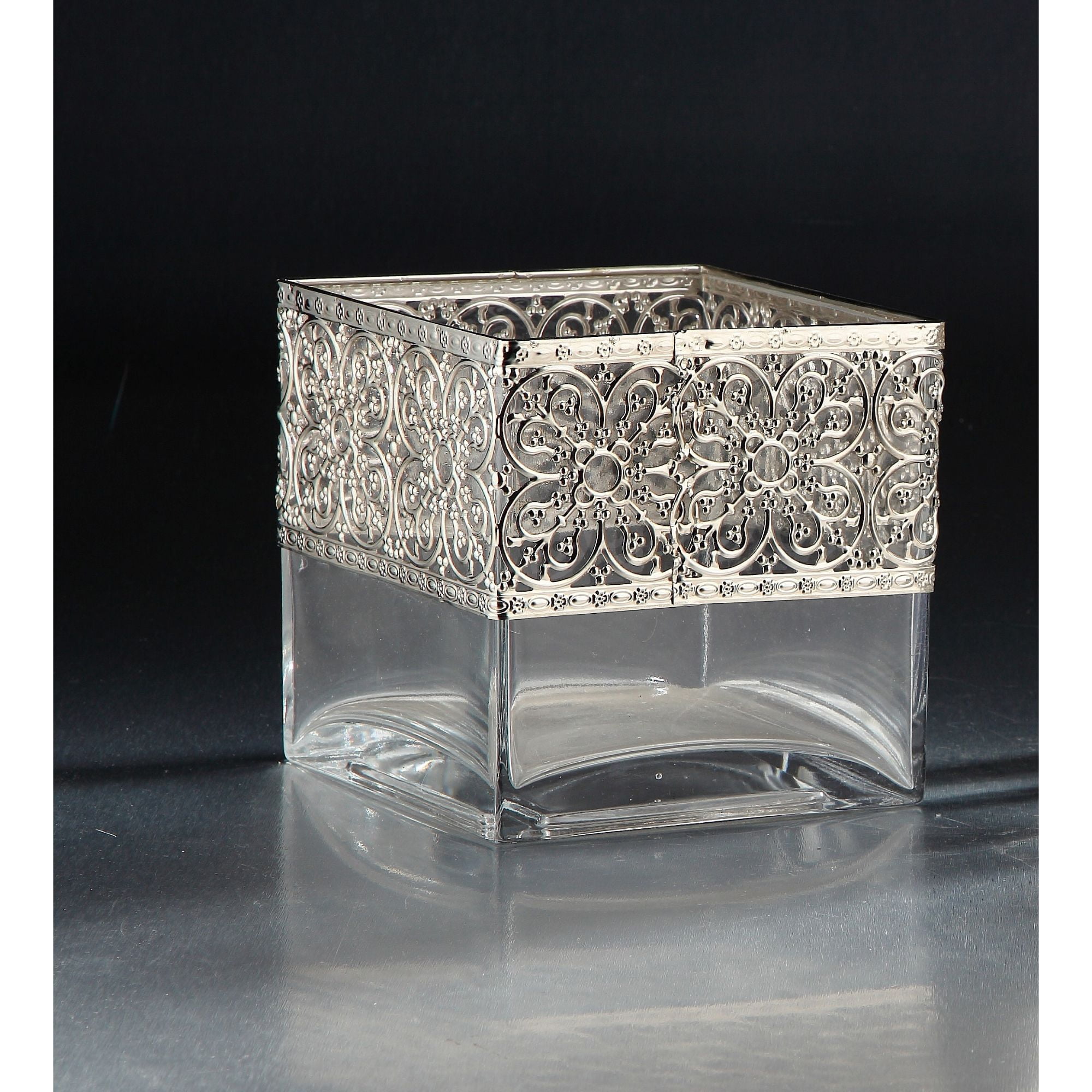 6" Clear and Silver Colored Square Tabletop Glass Vase