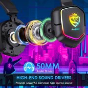 UHM Gaming Headset Wired for PS5 PS4 Xbox One Controller,Over Ear Headphones with Bass Stereo Sound,Noise Cancelling Microphone,RGB Lights for PC Phone Gamers