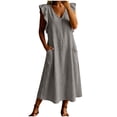 thumbnail image 5 of Women's Cotton Linen Midi Dress Summer Solid Color V‑Neck Ruffle Cap Sleeve Loose Dress with Dual Side Pockets Gray XL(XL), 5 of 6