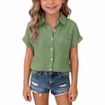 thumbnail image 2 of OIOLOYJM Linen Shirts for Girls Summer Casual Short Sleeve Button Down Pocket Blouses Lightweight Breathable Comfy Shirts Army Green 3-4 Year, 2 of 5