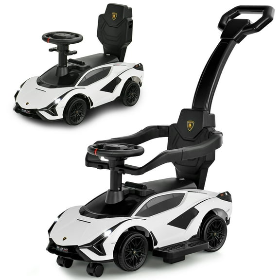 OLAKIDS 3 In 1 Ride on Push Car, Licensed Lamborghini Stroller Sliding Walking Car with Push Handle, Music, USB, Headlight, Under Seat Storage, Kids Foot-to-Floor Toy for 18-60 Months