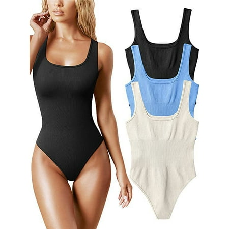 

LAKIDAY Women s 3 Piece Bodysuits Sexy Sleeveless Round Neck Shapewear Jumpsuits