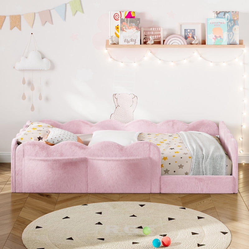 Twin Size Upholstered Floor Bed, Faux Rabbit Fur Daybed Frame with 2 Storage Pockets, Kids Bed with Wavy Design Fence