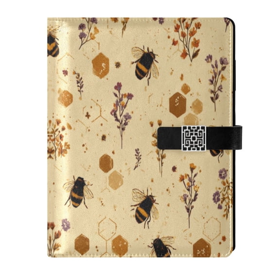 Leather Notebook with Pen Holder Writing Notepad Includes 100 Pages Lined Journal Bees and Flowers Pattern