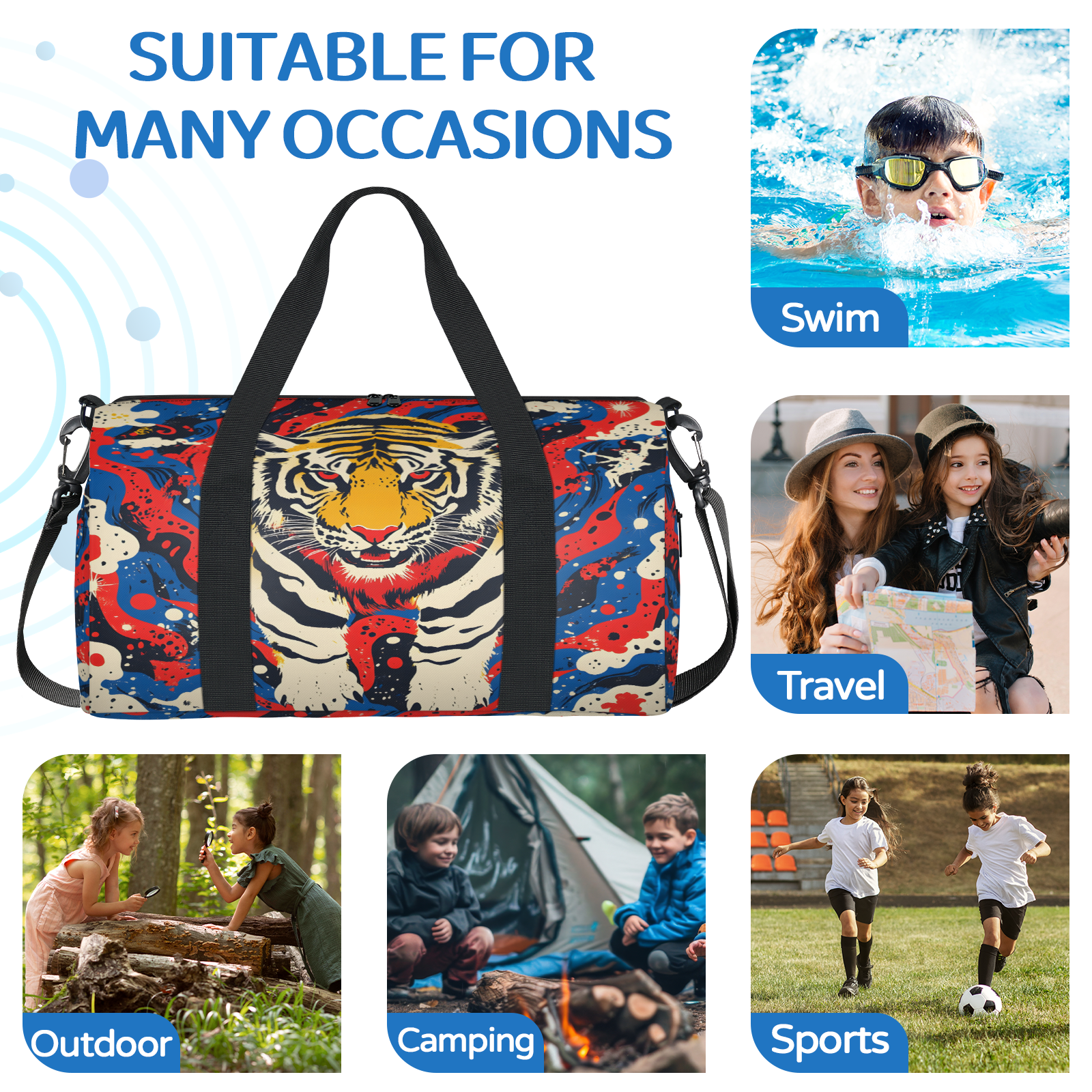 Herdesigns Tiger Gym Bag for Women, Duffle Bag for Travel Sport, Wild Animal Lightweight Waterproof Carry on Weekender Dance Yoga Workout Bags
