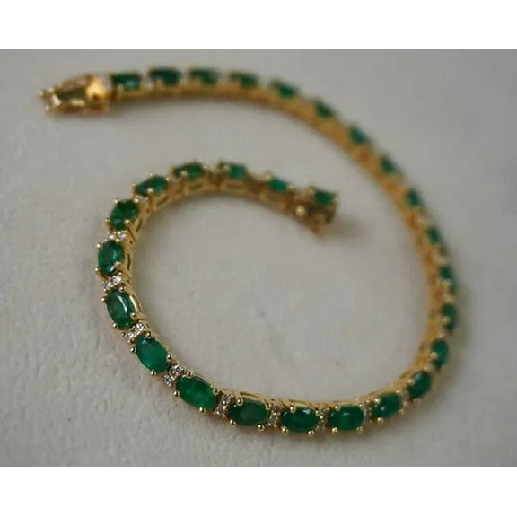 Silver Emerald with diamond oval Tennis Bracelet,14K Gold plated Emerald Bracelet Genuine Emerald Bracelet, Bracelet gift for her